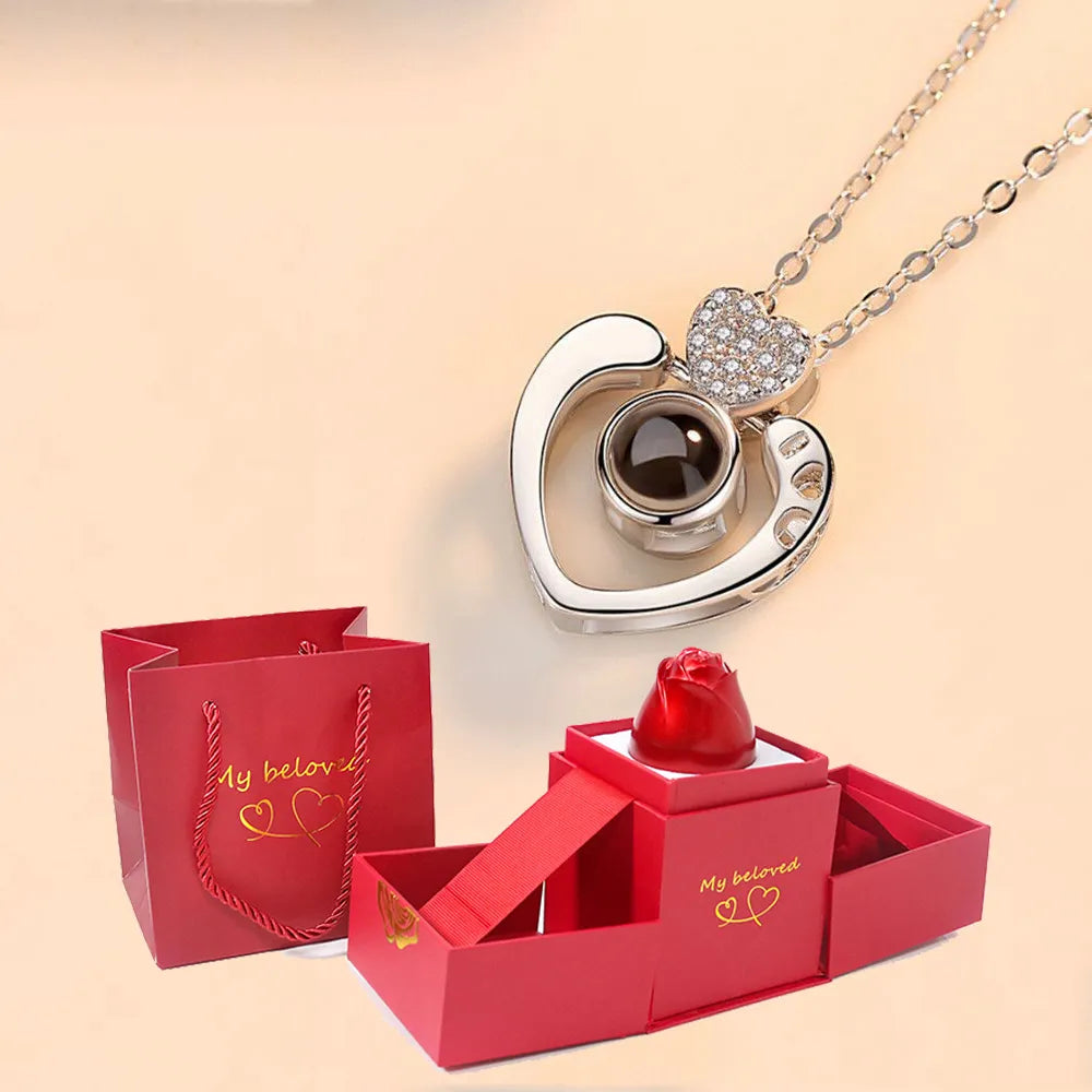 Rose Jewel Box with Love You Necklace 100 Languages Silver