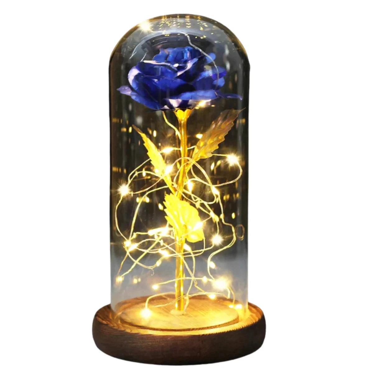Enchanted Rose Light Dome — Everlasting LED Rose Under Glass Dome Gif02 Brown Base Blue 