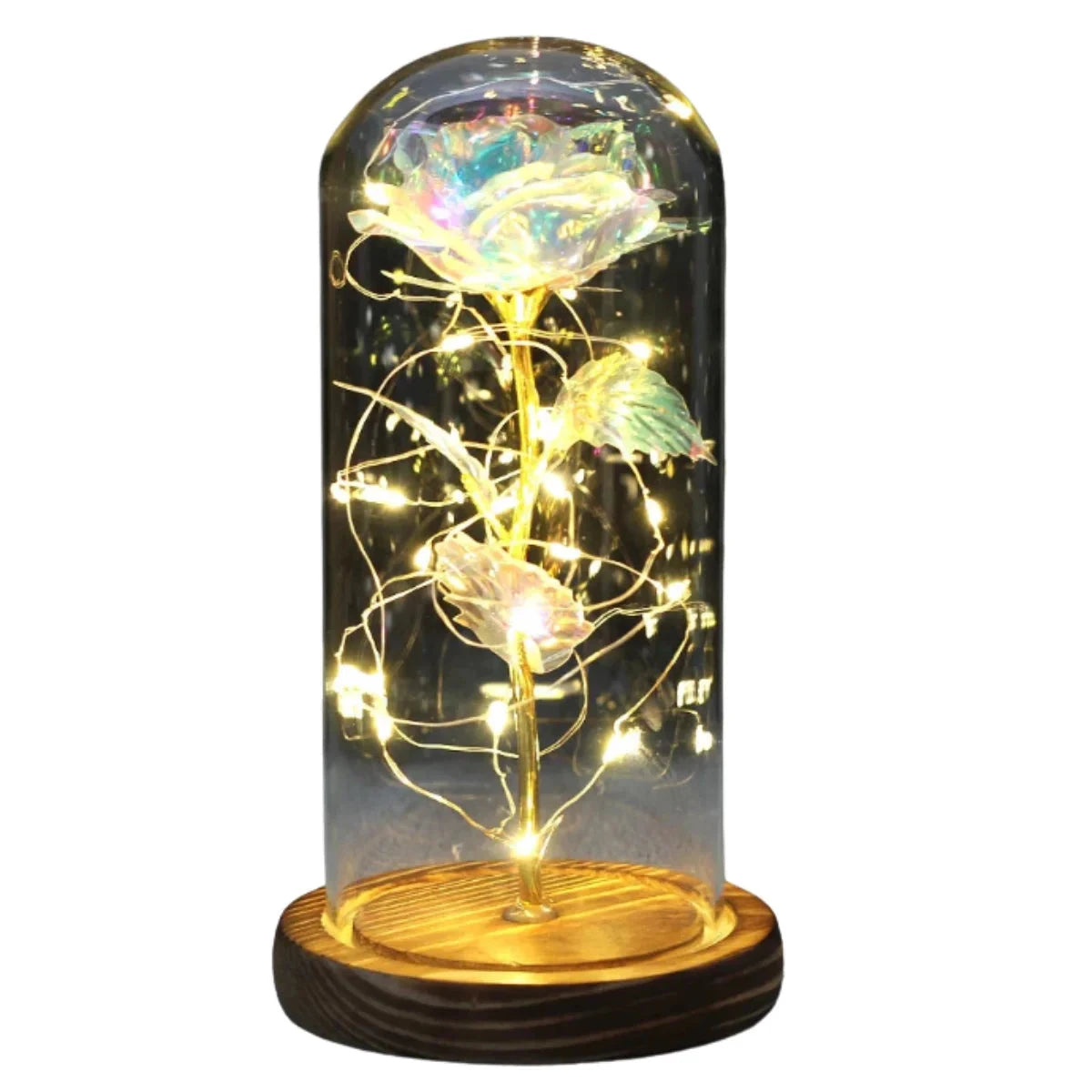 Enchanted Rose Light Dome — Everlasting LED Rose Under Glass Dome Gif02 Brown Base Bright 