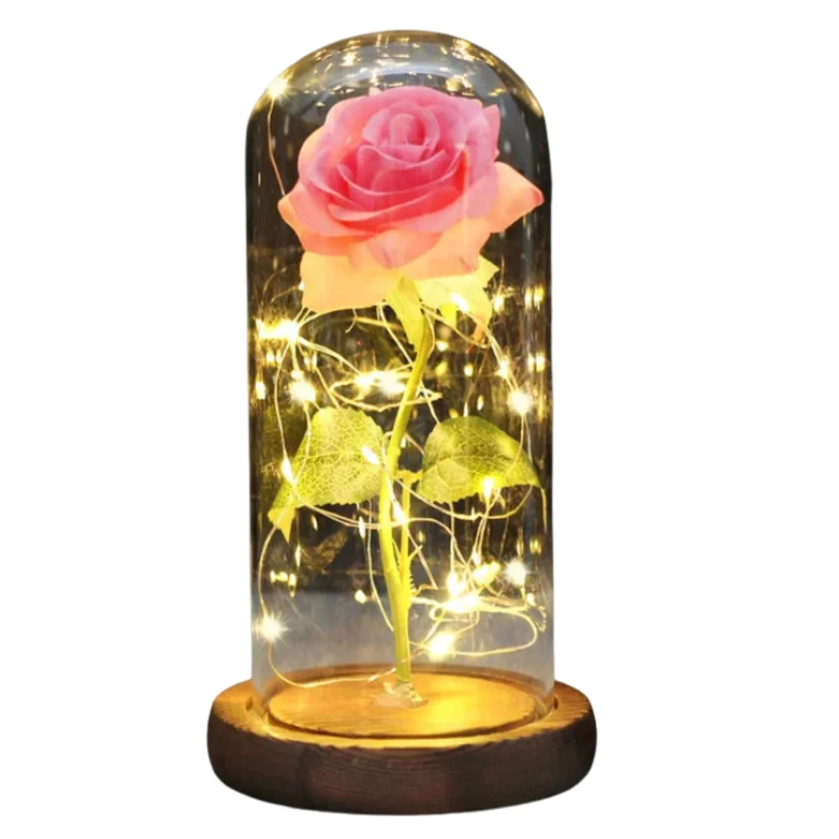 Enchanted Rose Light Dome — Everlasting LED Rose Under Glass Dome Gif02 Brown Base Pink 