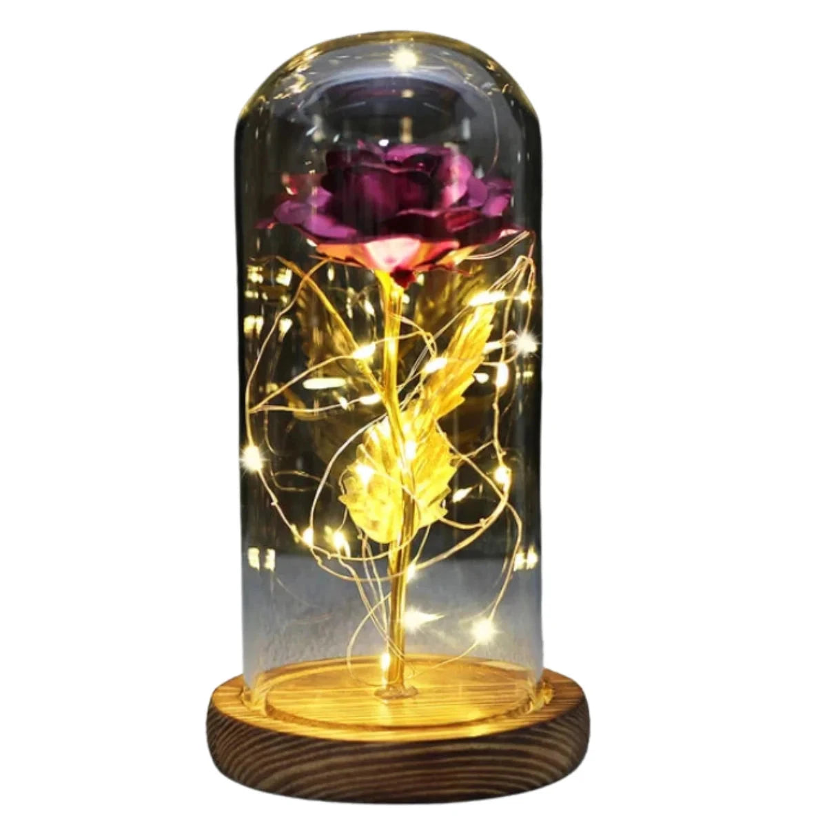 Enchanted Rose Light Dome — Everlasting LED Rose Under Glass Dome Gif02 Brown Base Purple 
