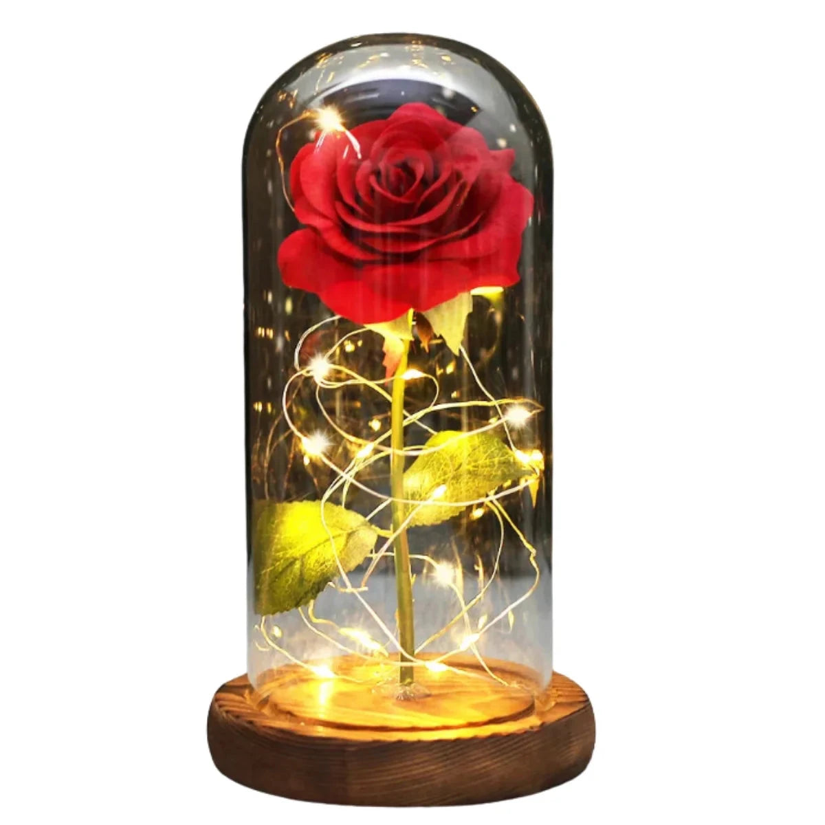 Enchanted Rose Light Dome — Everlasting LED Rose Under Glass Dome Gif02 Brown Base Red 