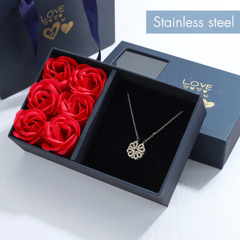 Unique Four Leaves Necklace with Gift Box 6 Roses 